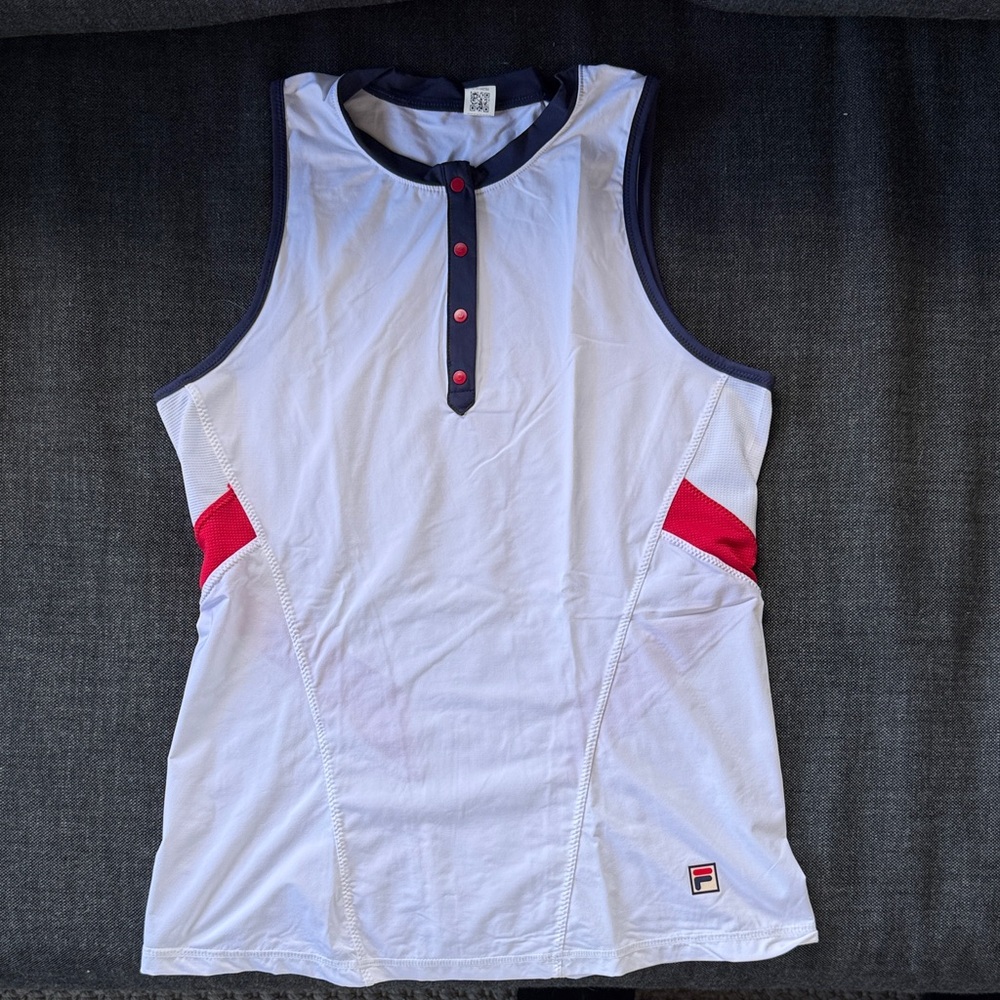 Fila White Tank Top with Navy Trim and Red Accents